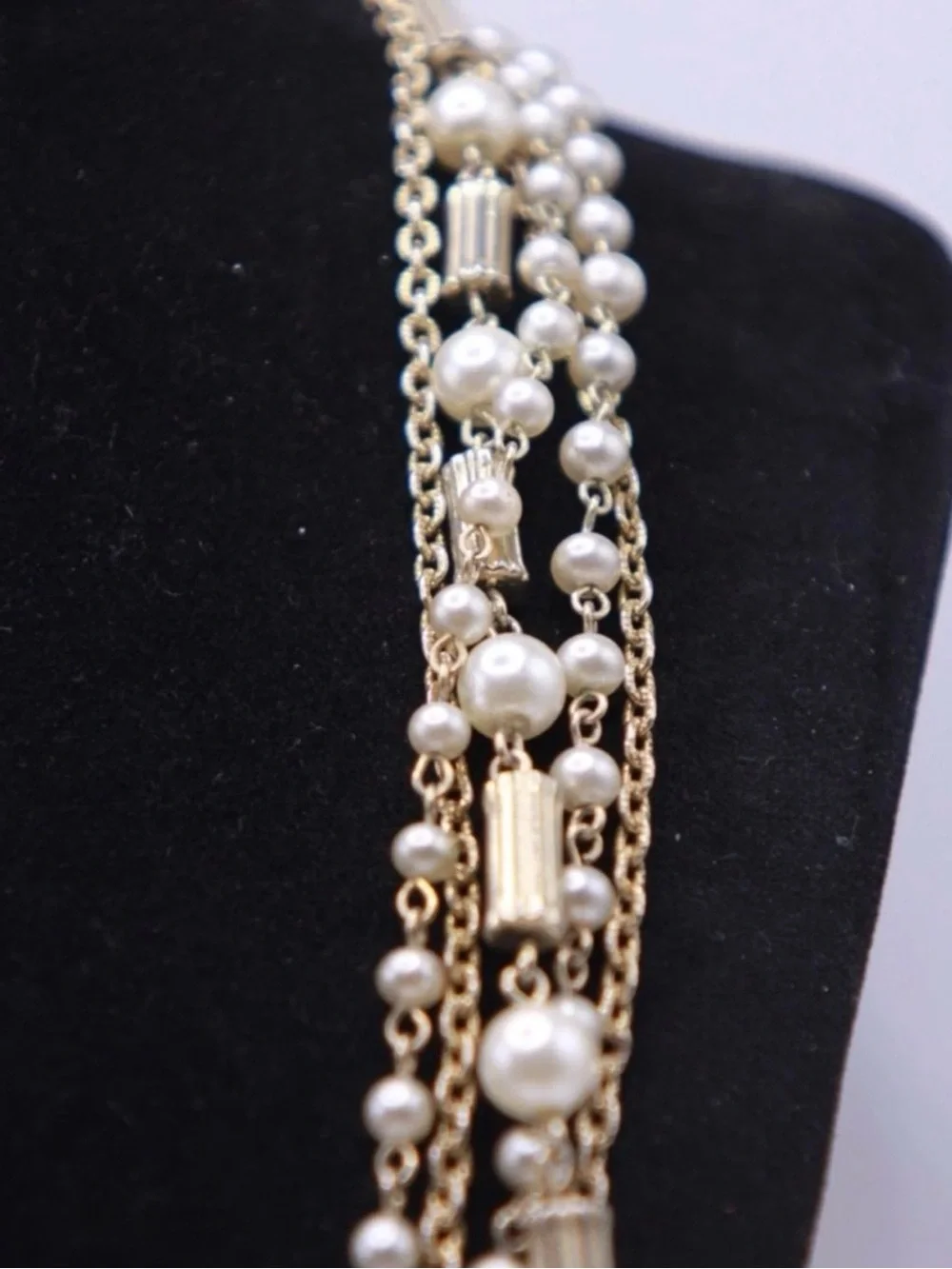 Vintage Multi-Strand Gold tone and Faux Pearl Necklace 20-24”